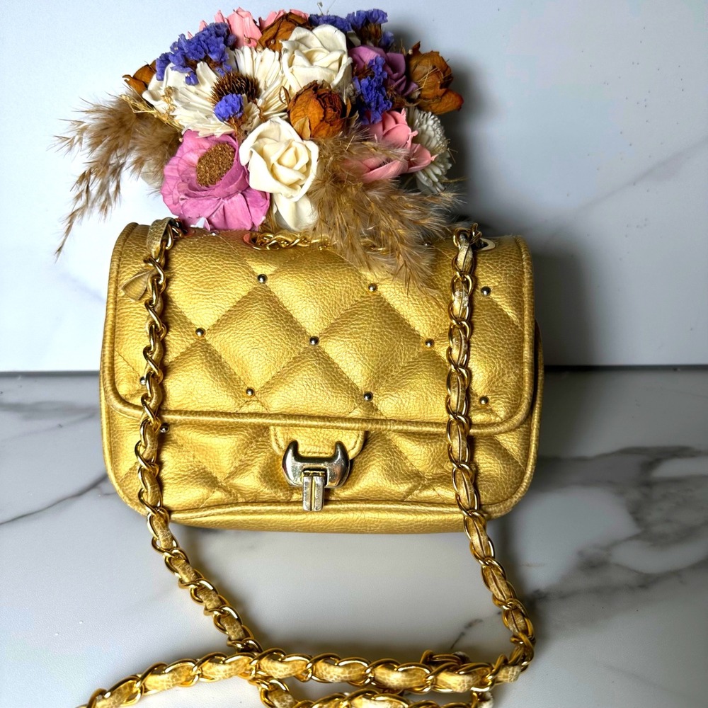 Saddle River Gold‎ Quilted Crossbody Bag Studded Metallic Glam Small Gold